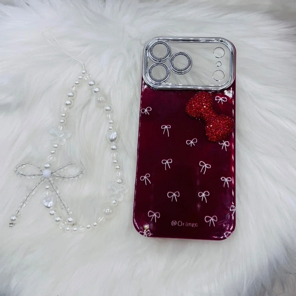 Chic iPhone 17 Pro Max  Bow Theme Wine Case w/ bows design & matching bead charm